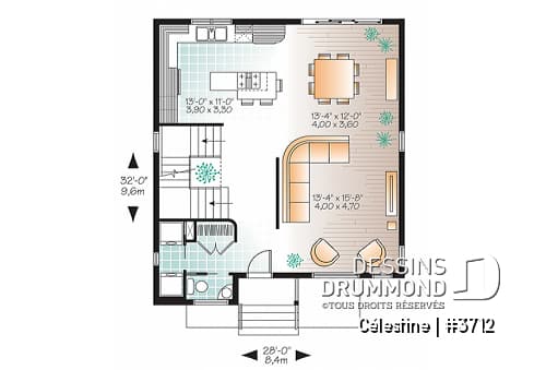 Rez-de-chaussée - Plan de maison moderne 3 chambres, modèle contemporain à aire ouverte, buanderie et salle d'eau - Célestine