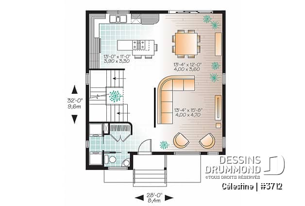 Rez-de-chaussée - Plan de maison moderne 3 chambres, modèle contemporain à aire ouverte, buanderie et salle d'eau - Célestine