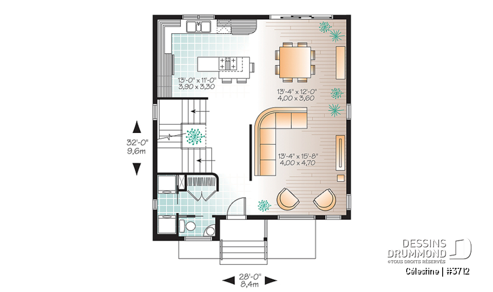 Rez-de-chaussée - Plan de maison moderne 3 chambres, modèle contemporain à aire ouverte, buanderie et salle d'eau - Célestine