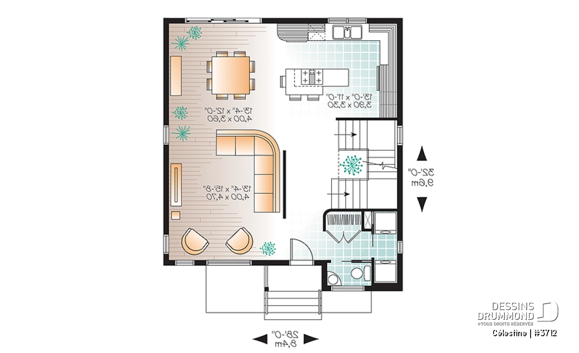 Rez-de-chaussée - Plan de maison moderne 3 chambres, modèle contemporain à aire ouverte, buanderie et salle d'eau - Célestine