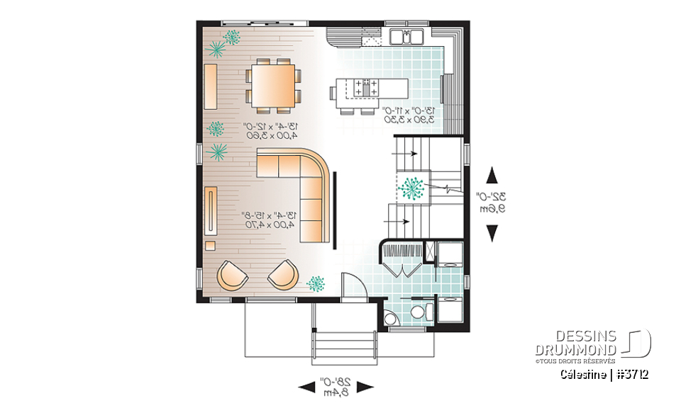 Rez-de-chaussée - Plan de maison moderne 3 chambres, modèle contemporain à aire ouverte, buanderie et salle d'eau - Célestine