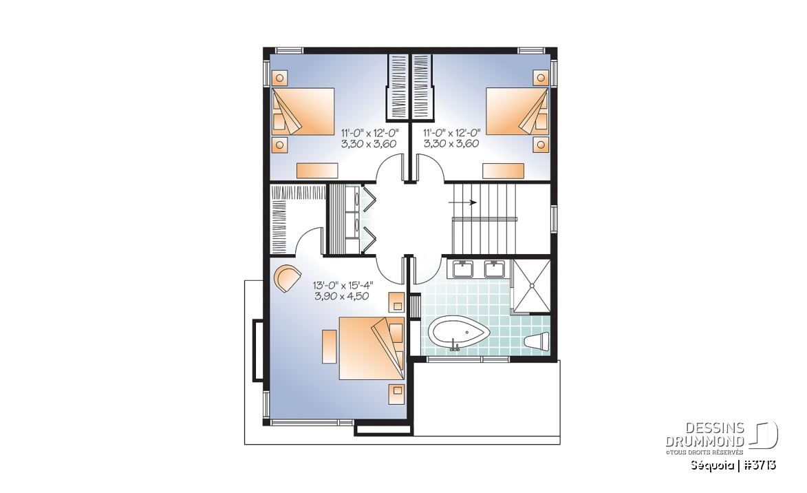 Étage - Plan maison moderne 3 chambres, salon + salle familiale, plafond à 9', foyer, grande douche et walk-in - Séquoia