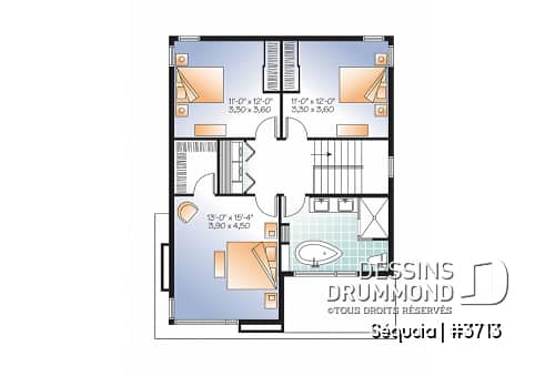 Étage - Plan maison moderne 3 chambres, salon + salle familiale, plafond à 9', foyer, grande douche et walk-in - Séquoia