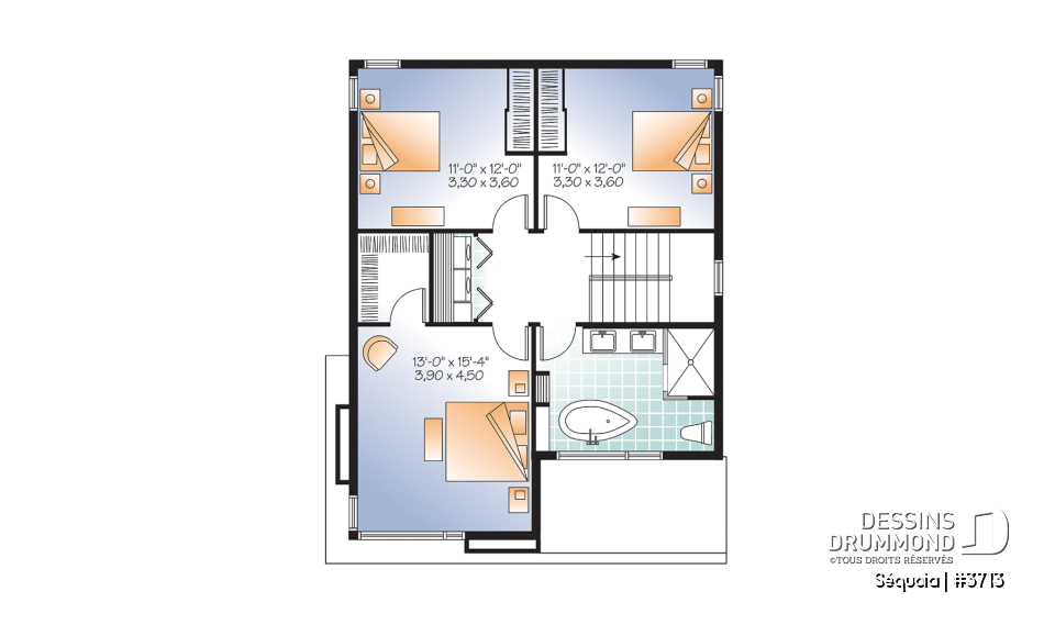 Étage - Plan maison moderne 3 chambres, salon + salle familiale, plafond à 9', foyer, grande douche et walk-in - Séquoia