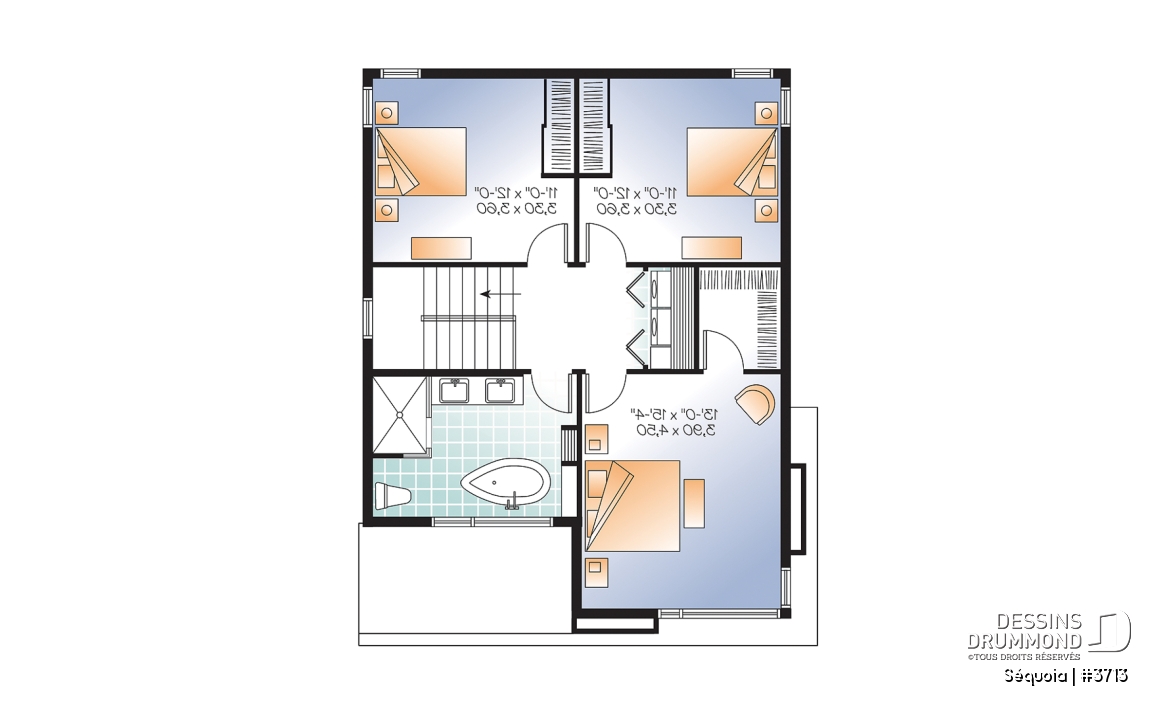 Étage - Plan maison moderne 3 chambres, salon + salle familiale, plafond à 9', foyer, grande douche et walk-in - Séquoia