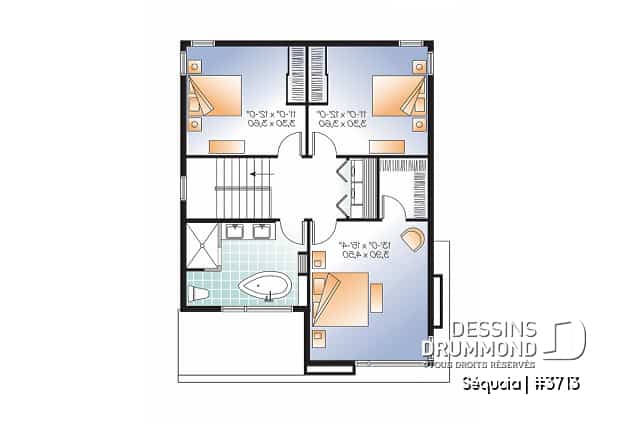 Étage - Plan maison moderne 3 chambres, salon + salle familiale, plafond à 9', foyer, grande douche et walk-in - Séquoia