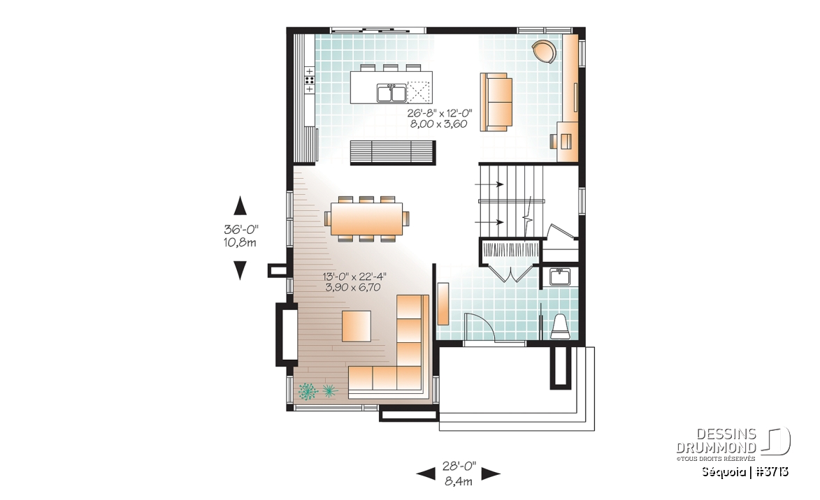 Rez-de-chaussée - Plan maison moderne 3 chambres, salon + salle familiale, plafond à 9', foyer, grande douche et walk-in - Séquoia