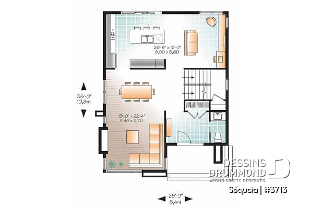 Rez-de-chaussée - Plan maison moderne 3 chambres, salon + salle familiale, plafond à 9', foyer, grande douche et walk-in - Séquoia