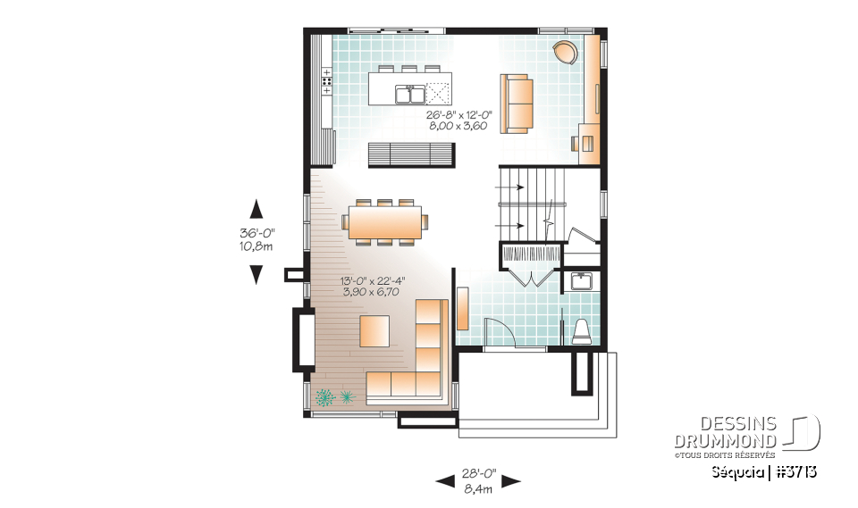 Rez-de-chaussée - Plan maison moderne 3 chambres, salon + salle familiale, plafond à 9', foyer, grande douche et walk-in - Séquoia