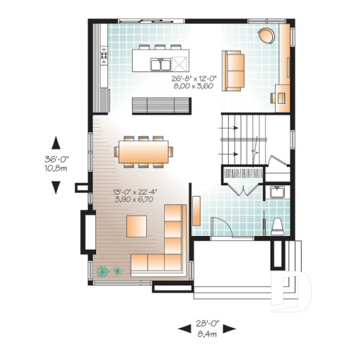 Rez-de-chaussée - Plan maison moderne 3 chambres, salon + salle familiale, plafond à 9', foyer, grande douche et walk-in - Séquoia
