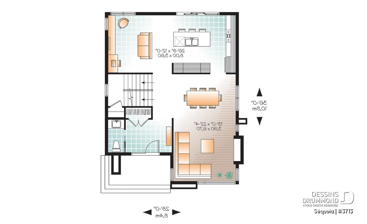 Rez-de-chaussée - Plan maison moderne 3 chambres, salon + salle familiale, plafond à 9', foyer, grande douche et walk-in - Séquoia