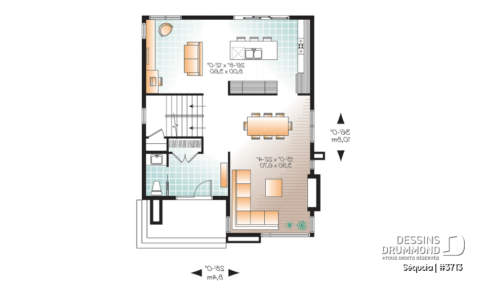 Rez-de-chaussée - Plan maison moderne 3 chambres, salon + salle familiale, plafond à 9', foyer, grande douche et walk-in - Séquoia