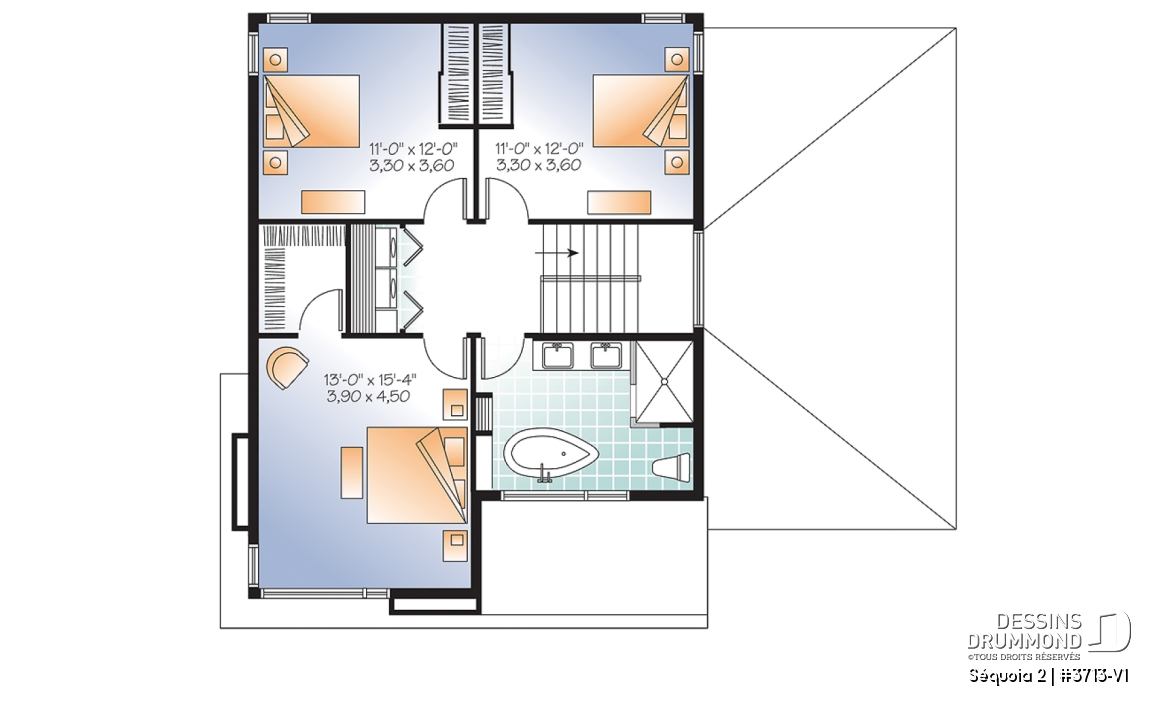 Étage - Plan de maison moderne à étage, 3 chambres, garage, salle familiale + salon, plafond 9', buanderie à l'étage - Séquoia 2