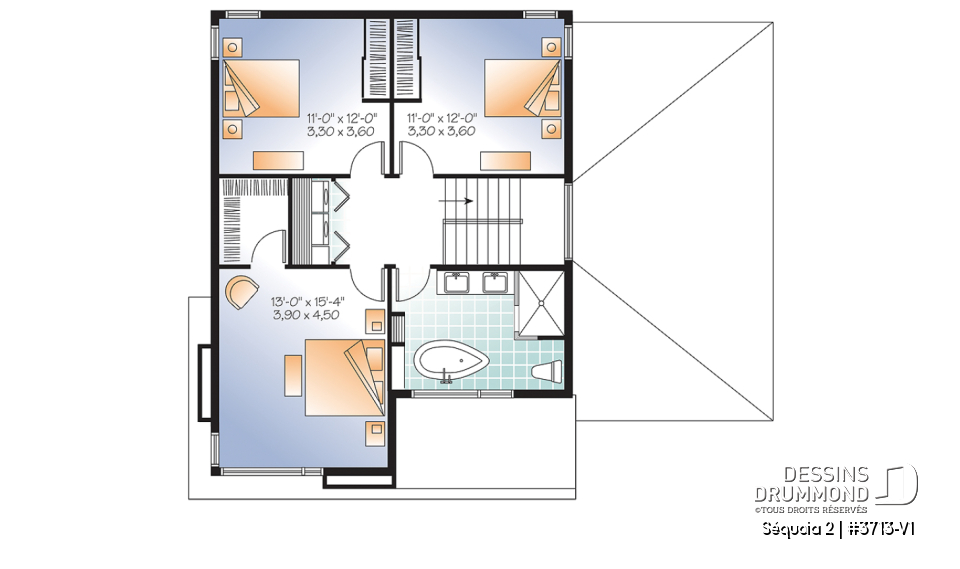 Étage - Plan de maison moderne à étage, 3 chambres, garage, salle familiale + salon, plafond 9', buanderie à l'étage - Séquoia 2