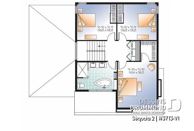 Étage - Plan de maison moderne à étage, 3 chambres, garage, salle familiale + salon, plafond 9', buanderie à l'étage - Séquoia 2