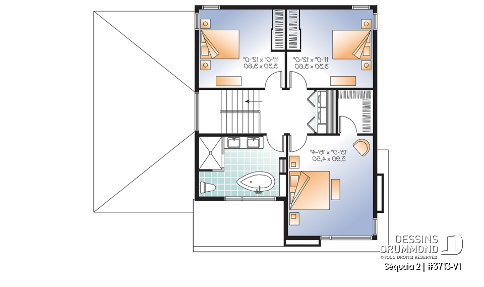 Étage - Plan de maison moderne à étage, 3 chambres, garage, salle familiale + salon, plafond 9', buanderie à l'étage - Séquoia 2