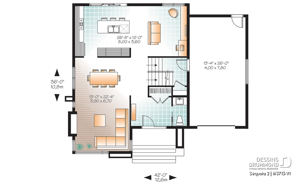 Rez-de-chaussée - Plan de maison moderne à étage, 3 chambres, garage, salle familiale + salon, plafond 9', buanderie à l'étage - Séquoia 2