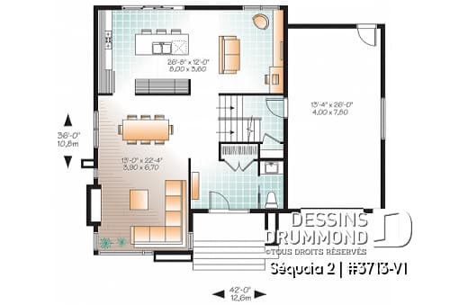 Rez-de-chaussée - Plan de maison moderne à étage, 3 chambres, garage, salle familiale + salon, plafond 9', buanderie à l'étage - Séquoia 2