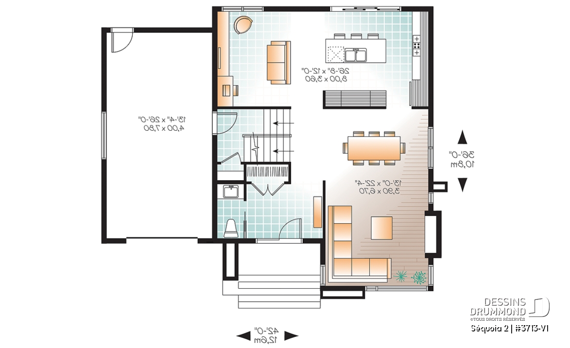 Rez-de-chaussée - Plan de maison moderne à étage, 3 chambres, garage, salle familiale + salon, plafond 9', buanderie à l'étage - Séquoia 2