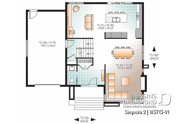 Rez-de-chaussée - Plan de maison moderne à étage, 3 chambres, garage, salle familiale + salon, plafond 9', buanderie à l'étage - Séquoia 2