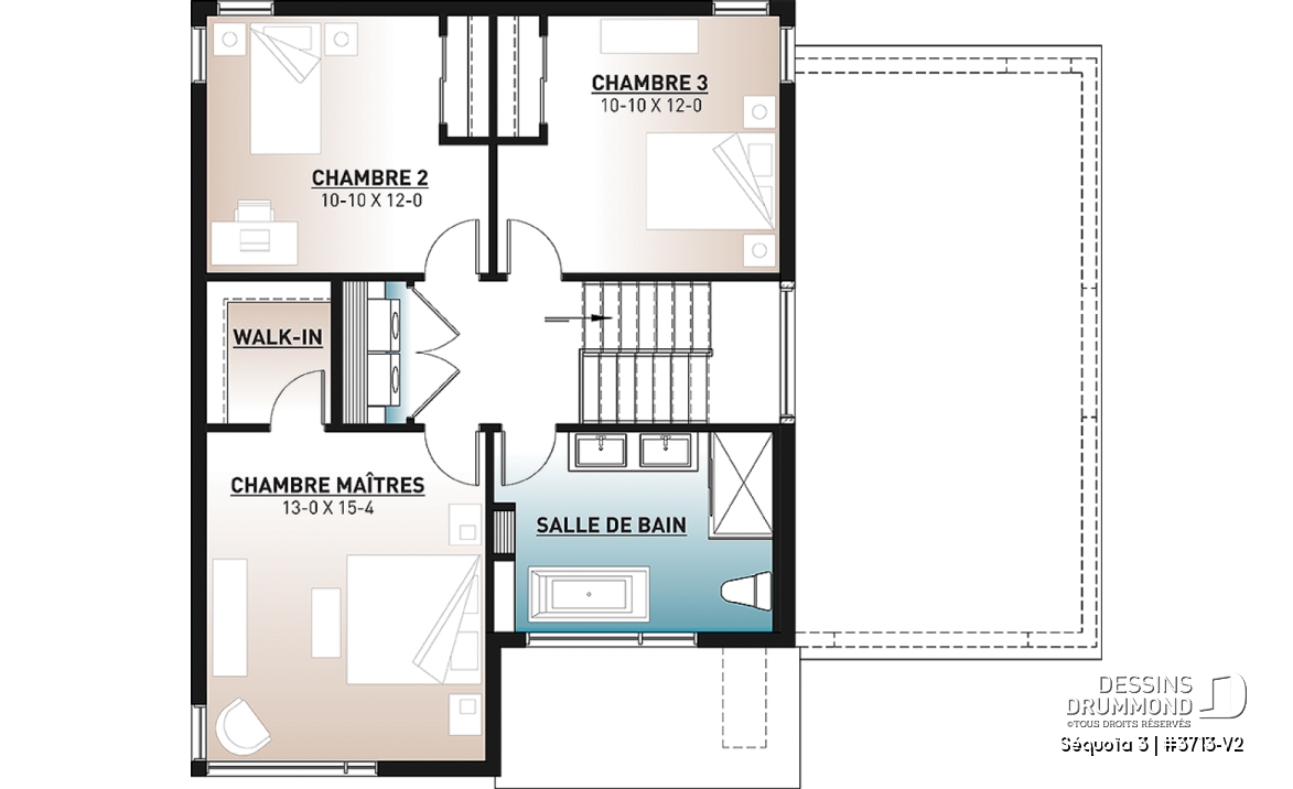 Étage - Plan de maison moderne scandinave, 3 chambres, garage, garde-manger, vestiaire, buanderie à l'étage - Séquoïa 3