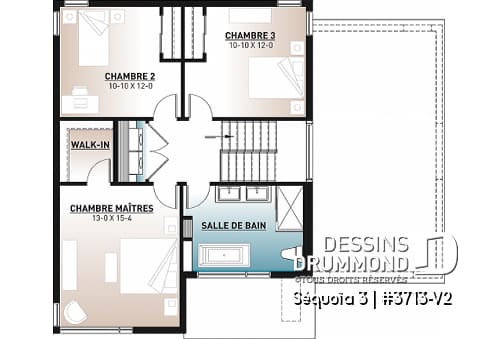 Étage - Plan de maison moderne scandinave, 3 chambres, garage, garde-manger, vestiaire, buanderie à l'étage - Séquoïa 3