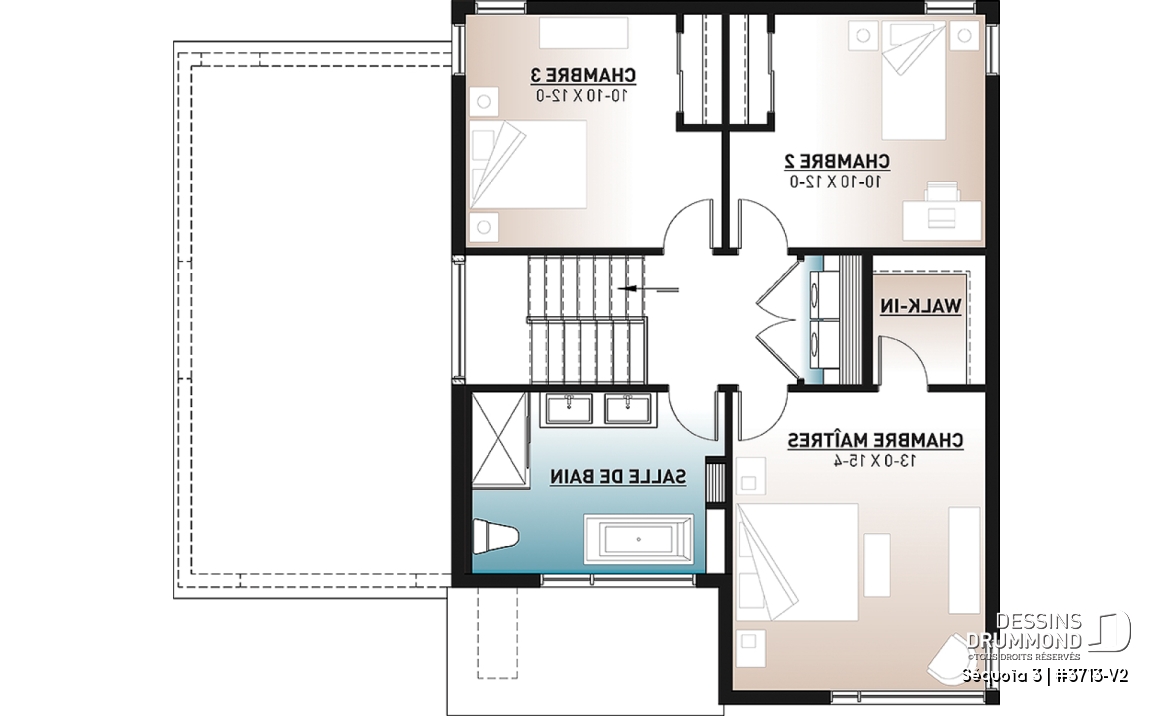 Étage - Plan de maison moderne scandinave, 3 chambres, garage, garde-manger, vestiaire, buanderie à l'étage - Séquoïa 3