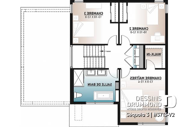 Étage - Plan de maison moderne scandinave, 3 chambres, garage, garde-manger, vestiaire, buanderie à l'étage - Séquoïa 3