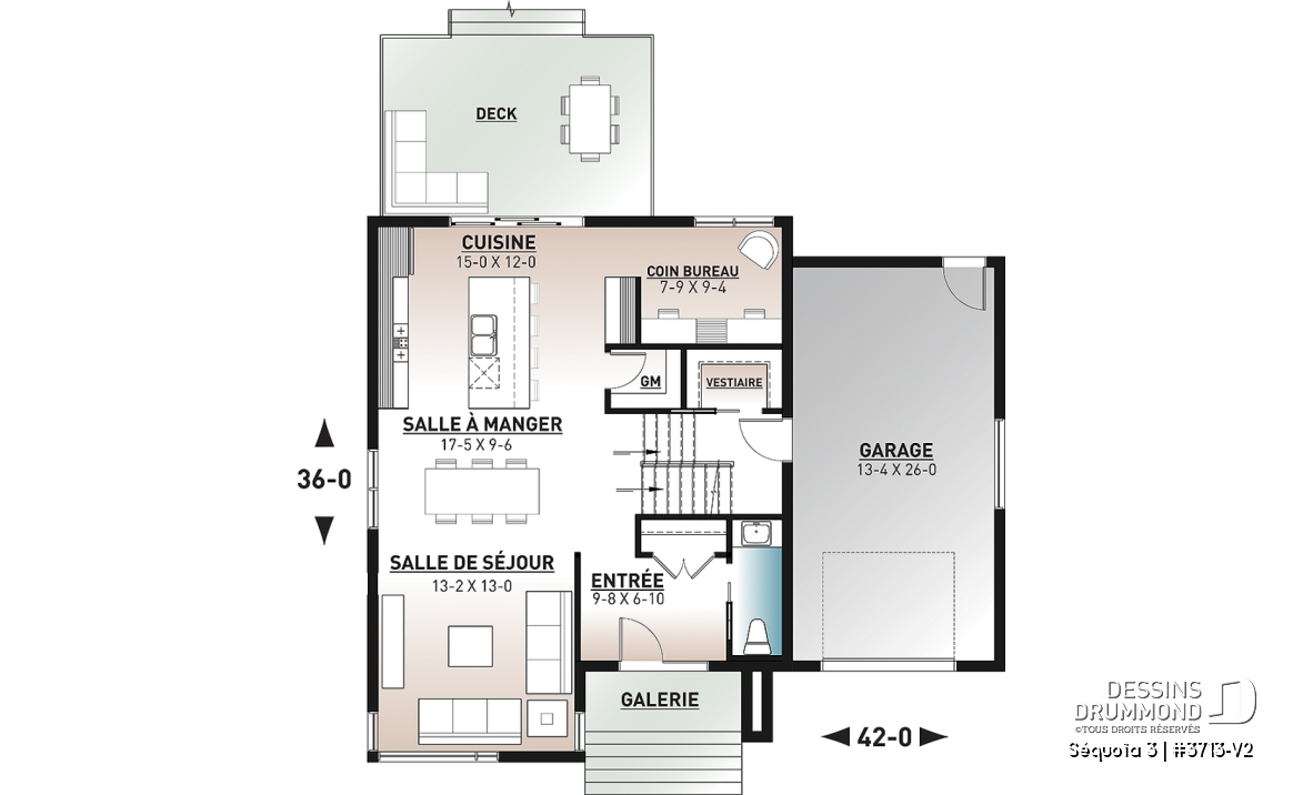 Rez-de-chaussée - Plan de maison moderne scandinave, 3 chambres, garage, garde-manger, vestiaire, buanderie à l'étage - Séquoïa 3