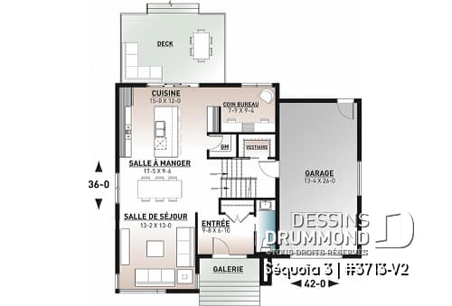 Rez-de-chaussée - Plan de maison moderne scandinave, 3 chambres, garage, garde-manger, vestiaire, buanderie à l'étage - Séquoïa 3