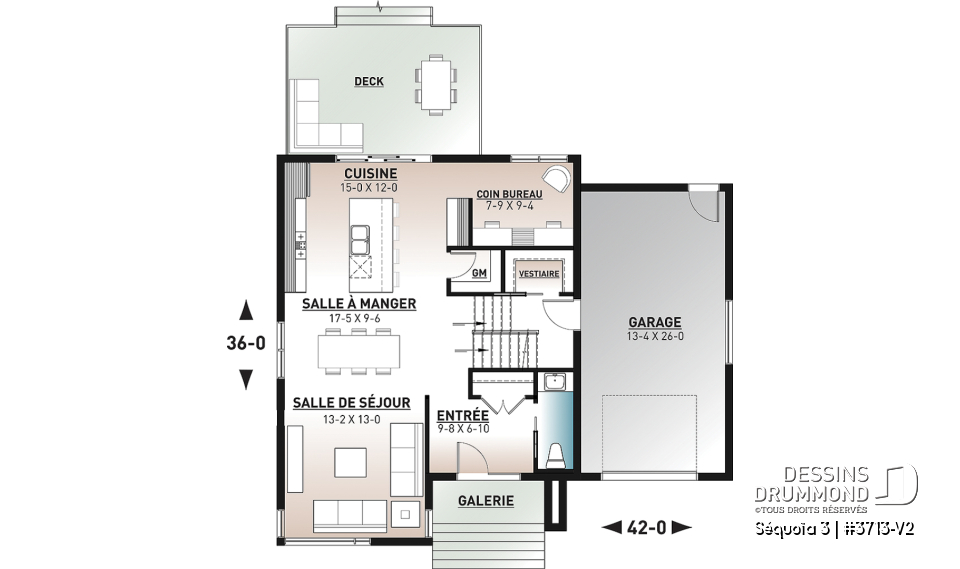 Rez-de-chaussée - Plan de maison moderne scandinave, 3 chambres, garage, garde-manger, vestiaire, buanderie à l'étage - Séquoïa 3