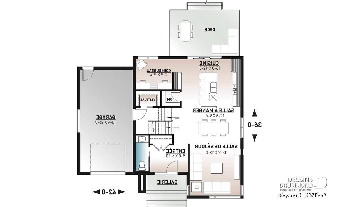 Rez-de-chaussée - Plan de maison moderne scandinave, 3 chambres, garage, garde-manger, vestiaire, buanderie à l'étage - Séquoïa 3