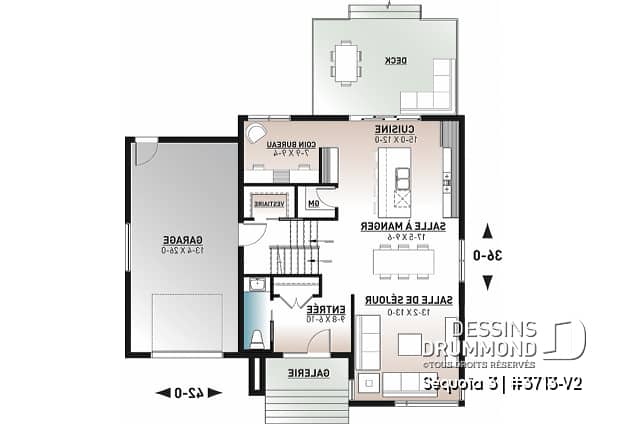 Rez-de-chaussée - Plan de maison moderne scandinave, 3 chambres, garage, garde-manger, vestiaire, buanderie à l'étage - Séquoïa 3