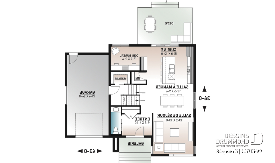 Rez-de-chaussée - Plan de maison moderne scandinave, 3 chambres, garage, garde-manger, vestiaire, buanderie à l'étage - Séquoïa 3