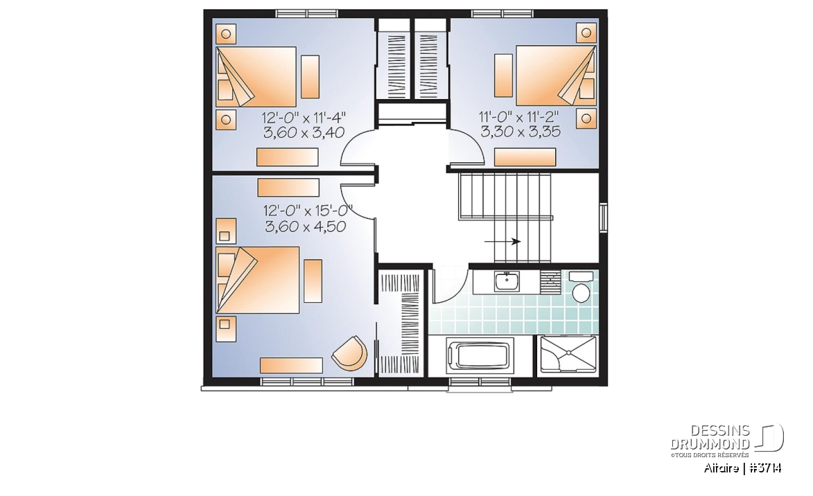 Étage - Plan de maison à étage contemporaine, 3 chambres, grand salon, foyer double, garde-manger - Altaire