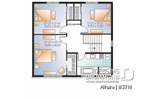 Étage - Plan de maison à étage contemporaine, 3 chambres, grand salon, foyer double, garde-manger - Altaire