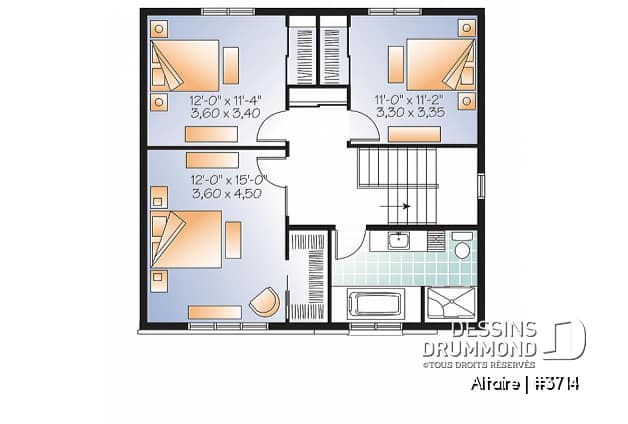 Étage - Plan de maison à étage contemporaine, 3 chambres, grand salon, foyer double, garde-manger - Altaire