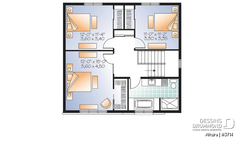 Étage - Plan de maison à étage contemporaine, 3 chambres, grand salon, foyer double, garde-manger - Altaire