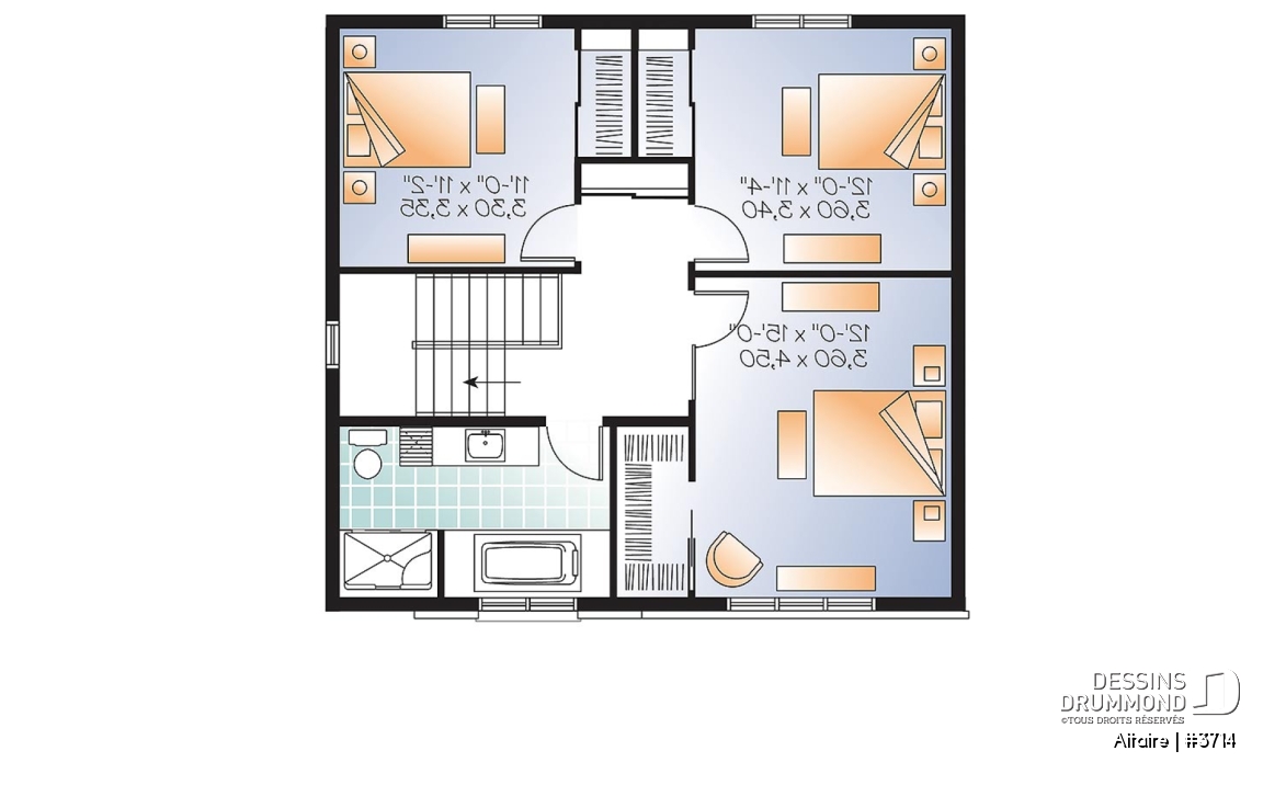 Étage - Plan de maison à étage contemporaine, 3 chambres, grand salon, foyer double, garde-manger - Altaire
