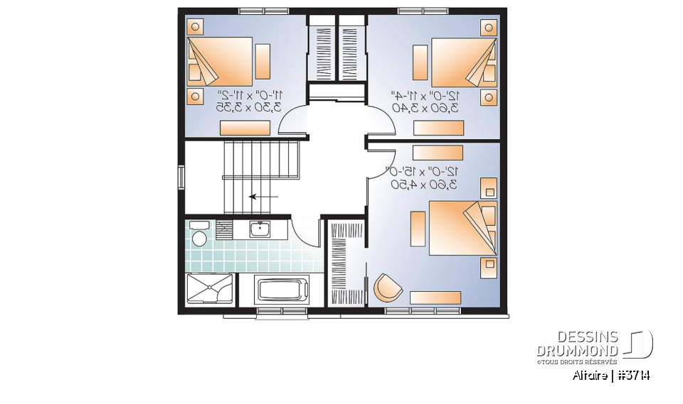 Étage - Plan de maison à étage contemporaine, 3 chambres, grand salon, foyer double, garde-manger - Altaire