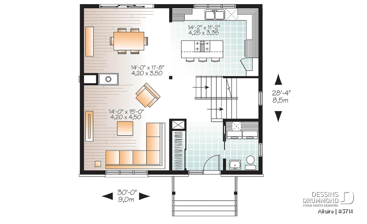 Rez-de-chaussée - Plan de maison à étage contemporaine, 3 chambres, grand salon, foyer double, garde-manger - Altaire