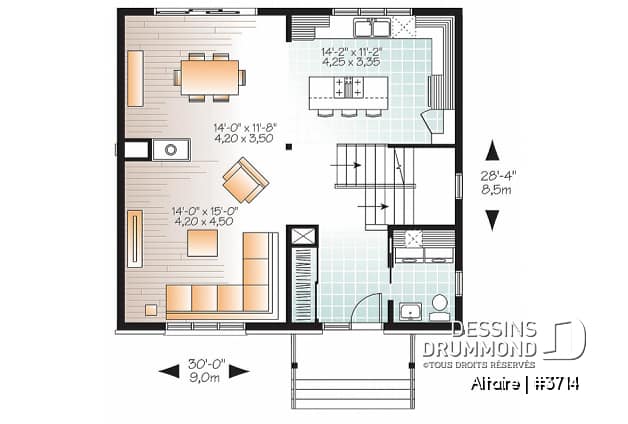 Rez-de-chaussée - Plan de maison à étage contemporaine, 3 chambres, grand salon, foyer double, garde-manger - Altaire