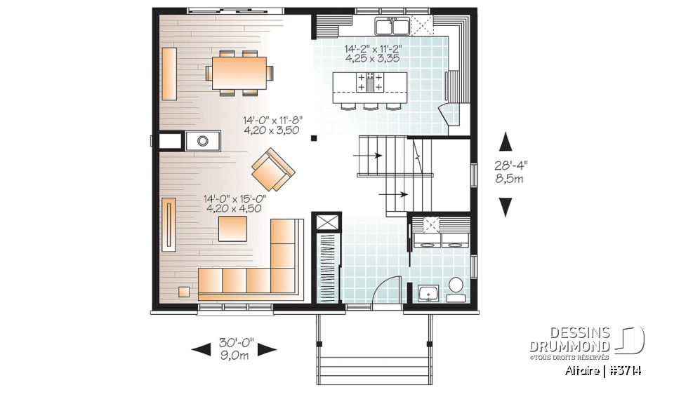 Rez-de-chaussée - Plan de maison à étage contemporaine, 3 chambres, grand salon, foyer double, garde-manger - Altaire