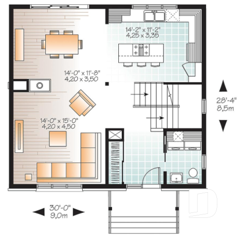 Rez-de-chaussée - Plan de maison à étage contemporaine, 3 chambres, grand salon, foyer double, garde-manger - Altaire
