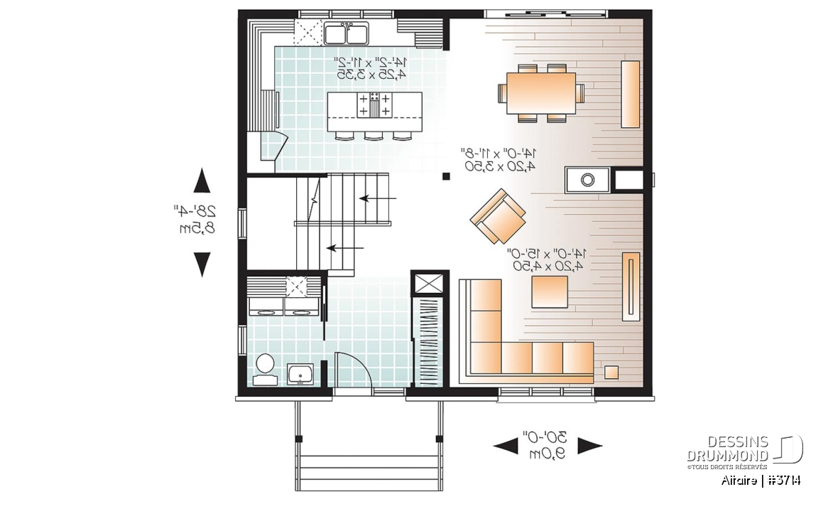 Rez-de-chaussée - Plan de maison à étage contemporaine, 3 chambres, grand salon, foyer double, garde-manger - Altaire