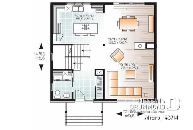 Rez-de-chaussée - Plan de maison à étage contemporaine, 3 chambres, grand salon, foyer double, garde-manger - Altaire