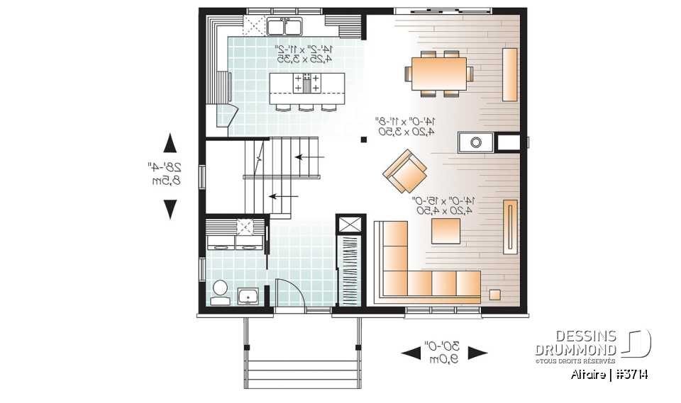Rez-de-chaussée - Plan de maison à étage contemporaine, 3 chambres, grand salon, foyer double, garde-manger - Altaire