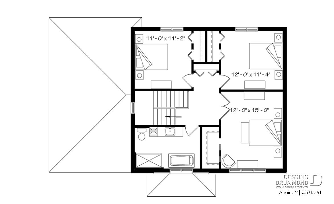 Étage - Plan de cottage contemporain avec garage, 3 chambres, grande cuisine, foyer, buanderie au r-d-c - Altaire 2