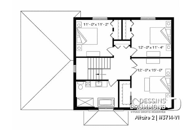 Étage - Plan de cottage contemporain avec garage, 3 chambres, grande cuisine, foyer, buanderie au r-d-c - Altaire 2