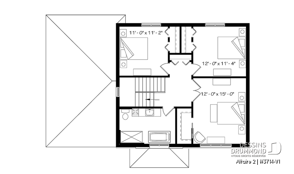 Étage - Plan de cottage contemporain avec garage, 3 chambres, grande cuisine, foyer, buanderie au r-d-c - Altaire 2
